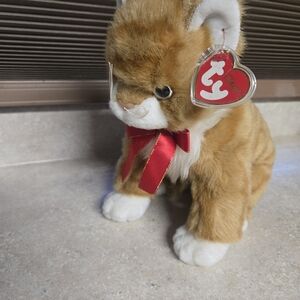 TY Plush Orange Tabby Cat with Red Bow - Soft Toy for Pets & Collectors